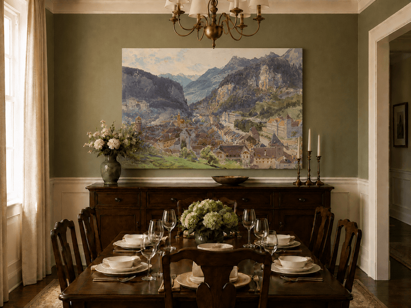 Landscape Oil Painting - Mountain Town and Castle Valley View