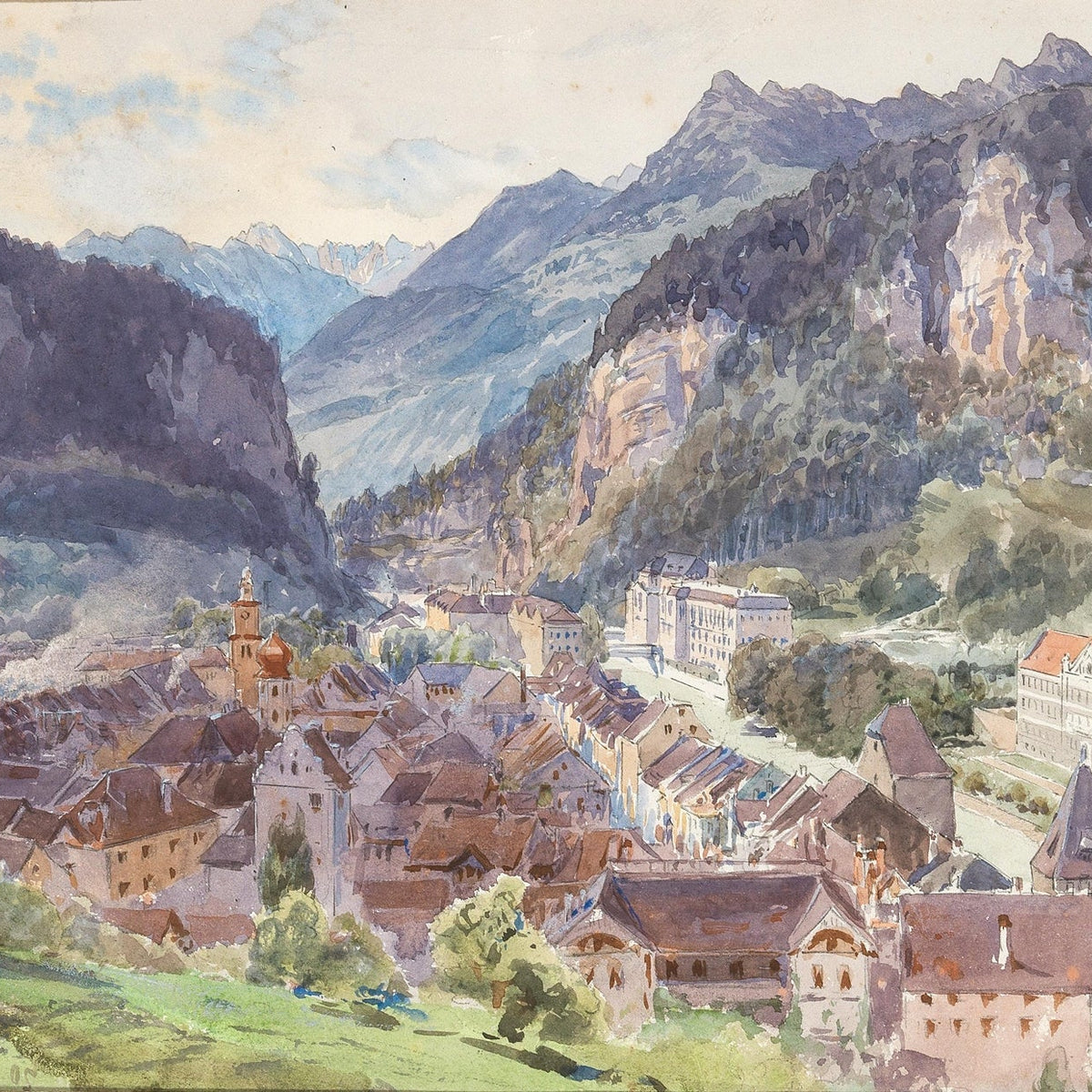 Hand-painted mountain town and castle valley view landscape oil painting on canvas