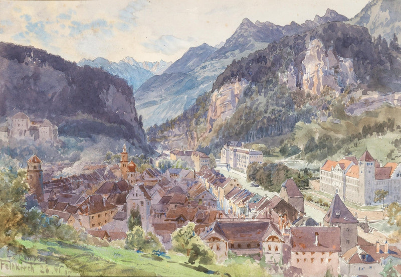 Hand-painted mountain town and castle valley view landscape oil painting on canvas