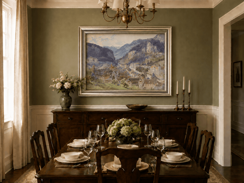 Landscape Oil Painting - Mountain Town and Castle Valley View