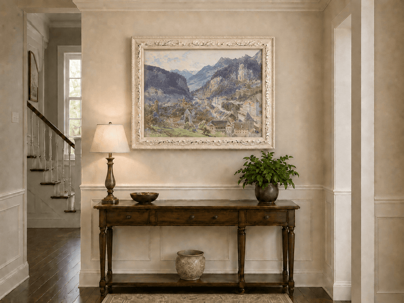 Landscape Oil Painting - Mountain Town and Castle Valley View