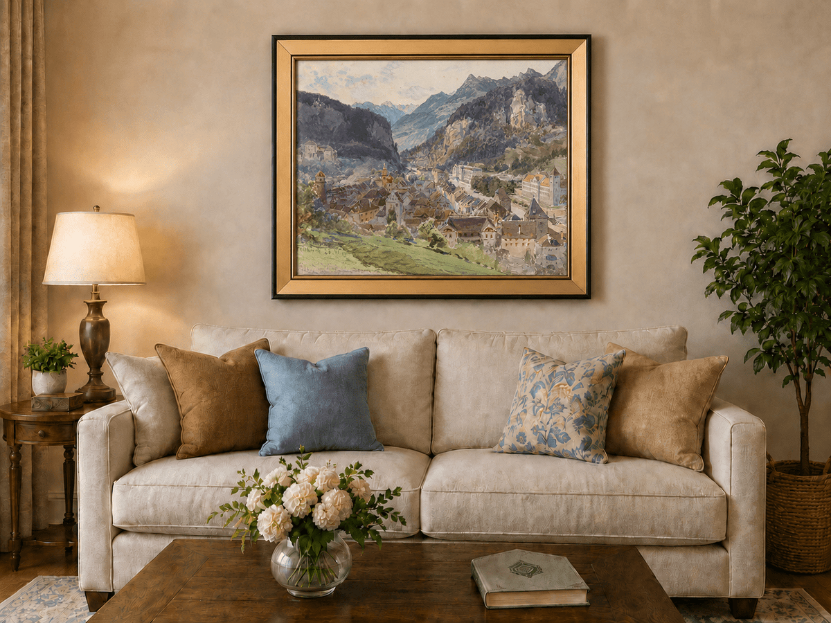 Landscape Oil Painting - Mountain Town and Castle Valley View