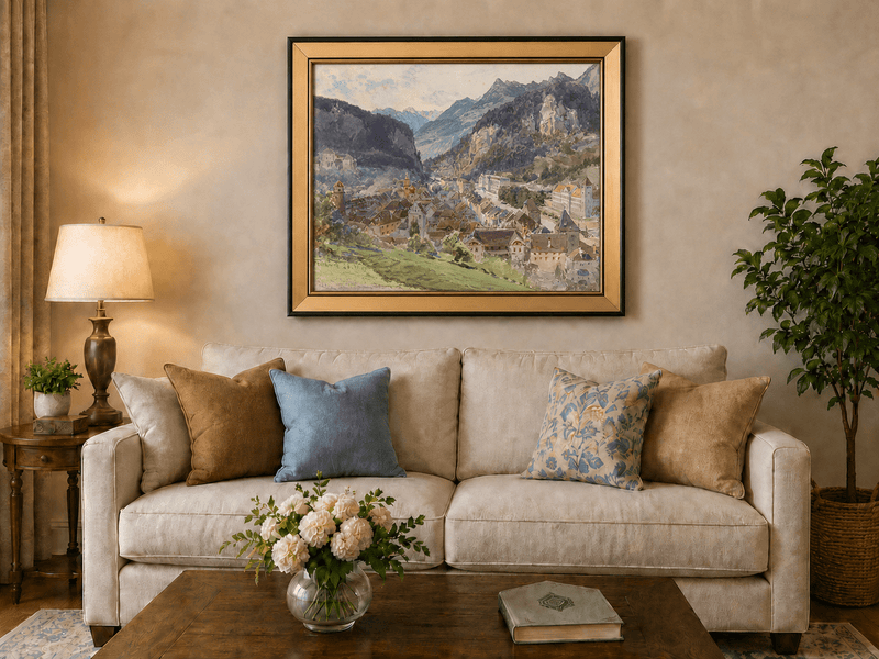 Landscape Oil Painting - Mountain Town and Castle Valley View