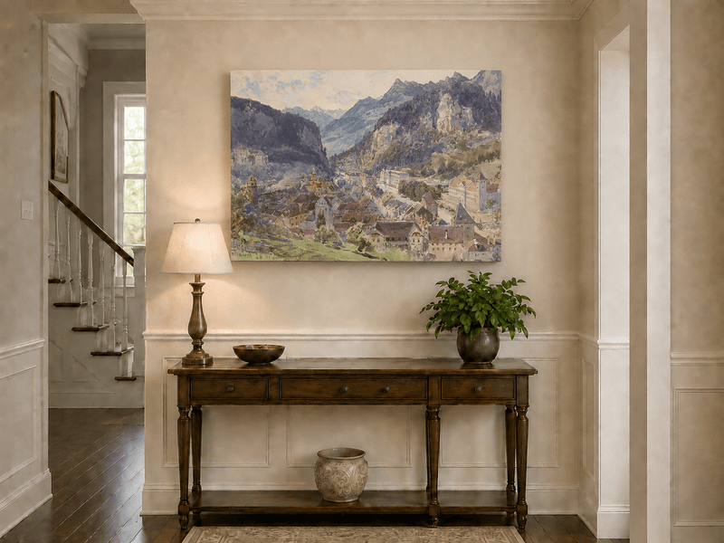 Landscape Oil Painting - Mountain Town and Castle Valley View