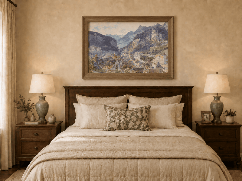 Landscape Oil Painting - Mountain Town and Castle Valley View
