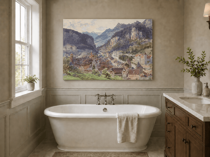 Landscape Oil Painting - Mountain Town and Castle Valley View