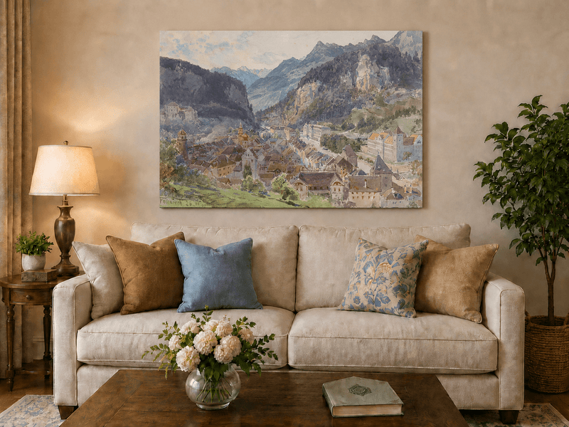 Landscape Oil Painting - Mountain Town and Castle Valley View