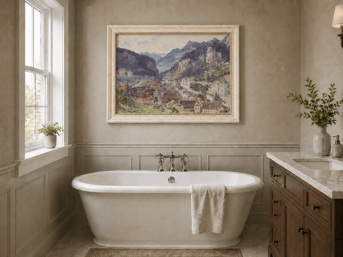 Landscape Oil Painting - Mountain Town and Castle Valley View
