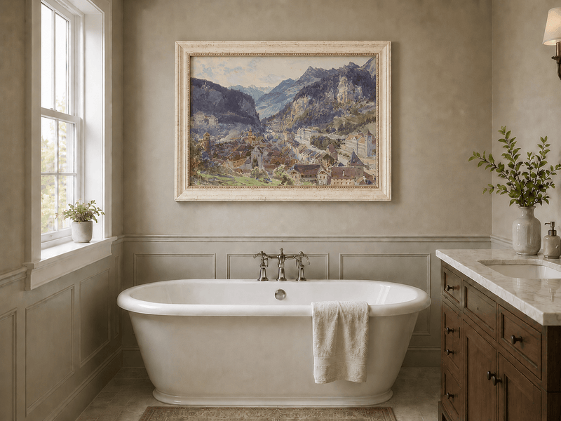 Landscape Oil Painting - Mountain Town and Castle Valley View