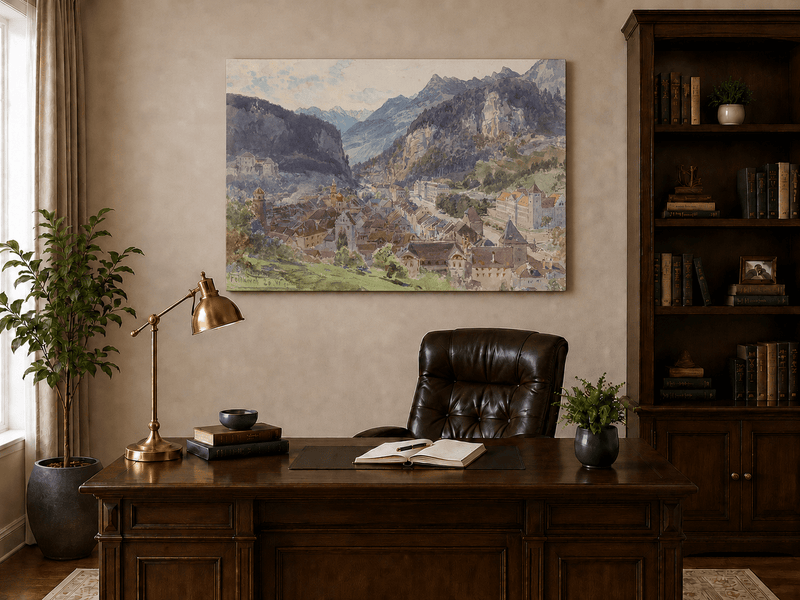 Landscape Oil Painting - Mountain Town and Castle Valley View