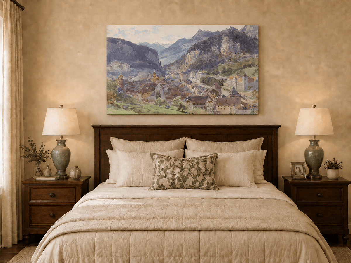 Landscape Oil Painting - Mountain Town and Castle Valley View