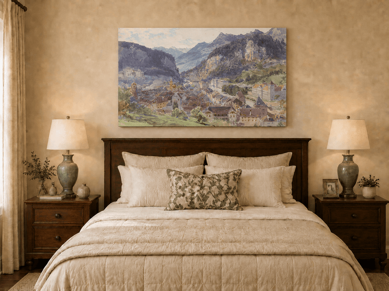 Landscape Oil Painting - Mountain Town and Castle Valley View