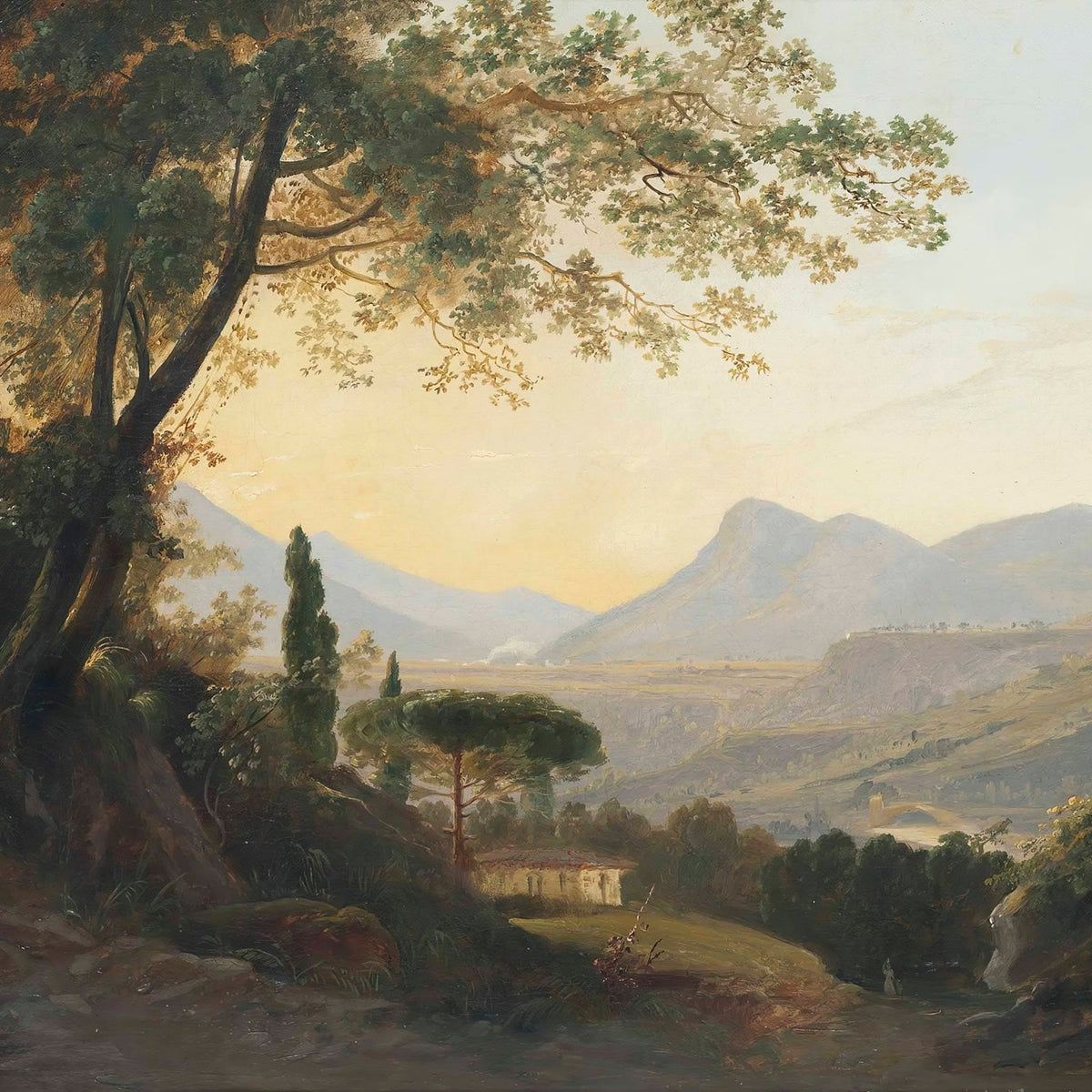 Landscape Oil Painting - Mountain Valley at Sunset with Cottage - Oil Painting Haven