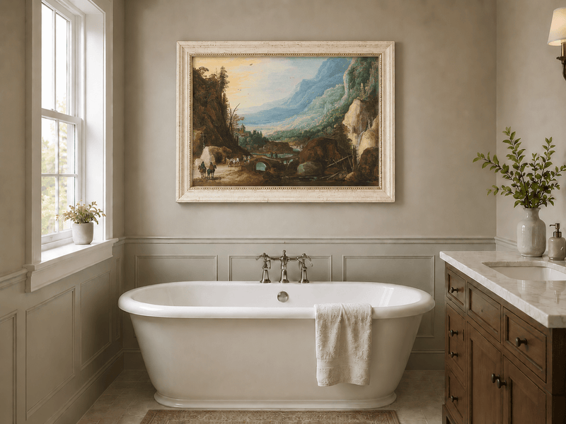 Pintura al óleo de paisaje - Puente en el valle montañoso y cascada