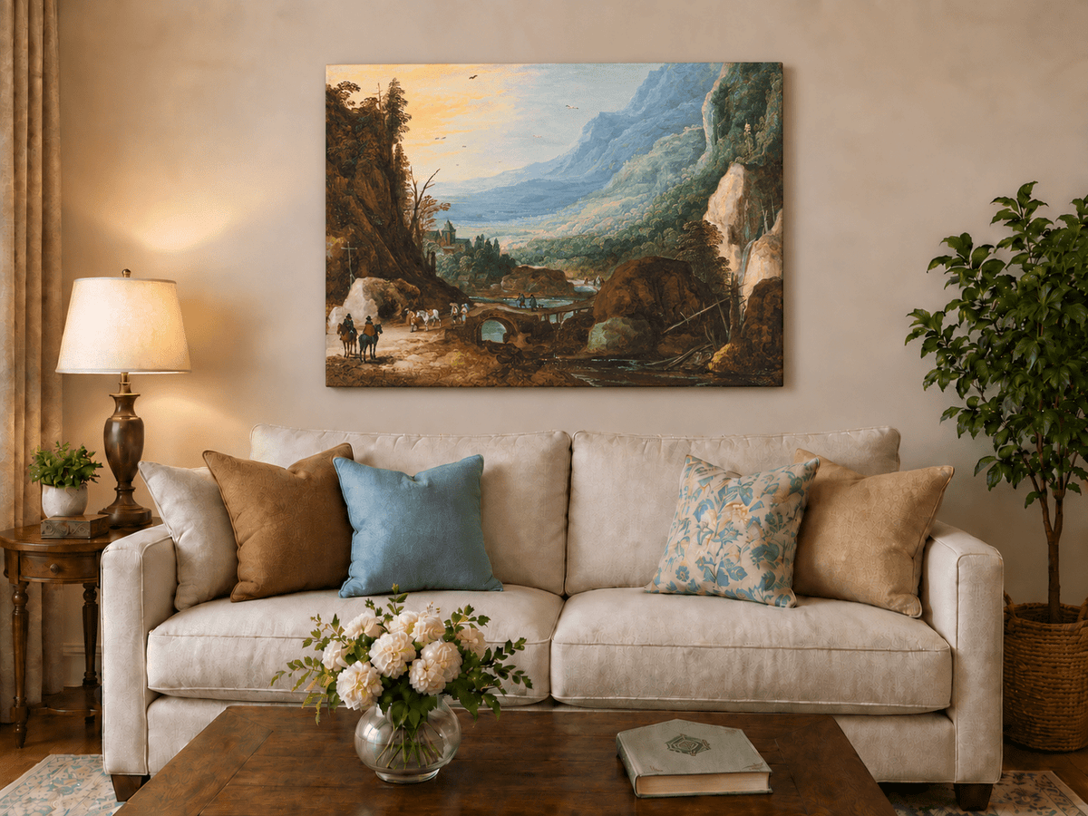 Pintura al óleo de paisaje - Puente en el valle montañoso y cascada