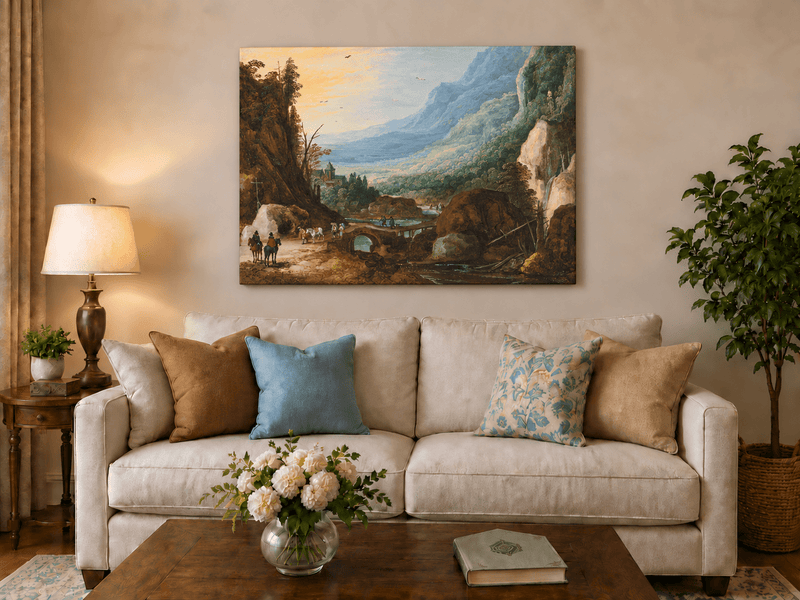Pintura al óleo de paisaje - Puente en el valle montañoso y cascada