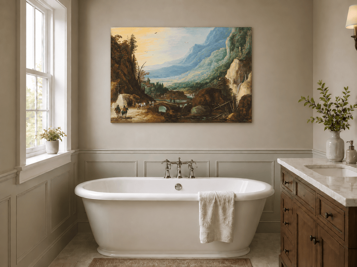 Pintura al óleo de paisaje - Puente en el valle montañoso y cascada