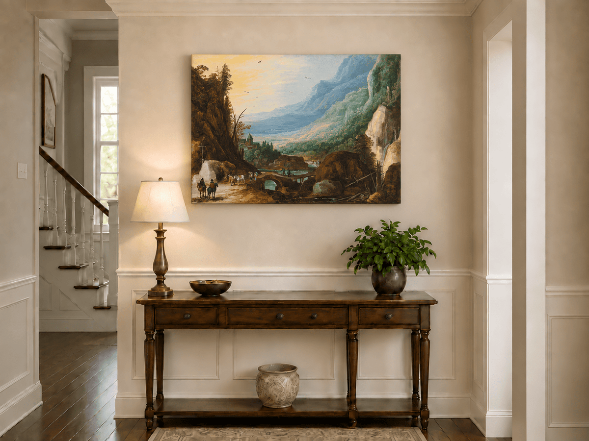 Pintura al óleo de paisaje - Puente en el valle montañoso y cascada