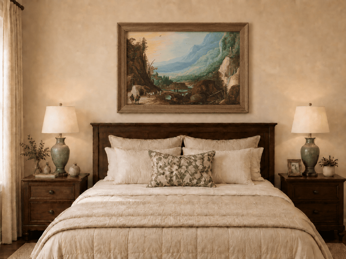 Pintura al óleo de paisaje - Puente en el valle montañoso y cascada