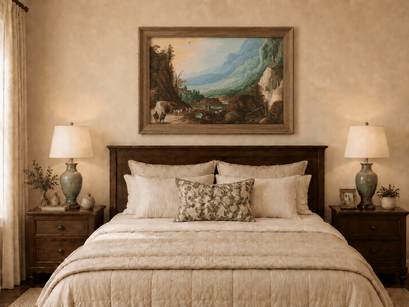 Pintura al óleo de paisaje - Puente en el valle montañoso y cascada