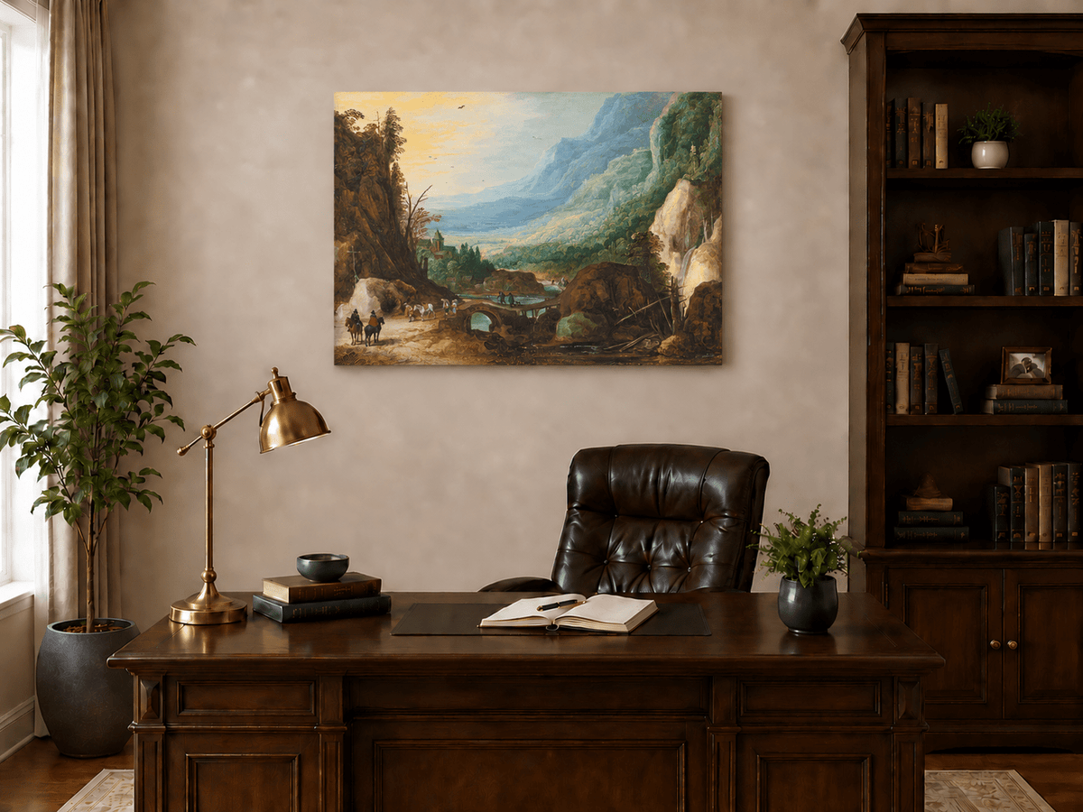 Pintura al óleo de paisaje - Puente en el valle montañoso y cascada