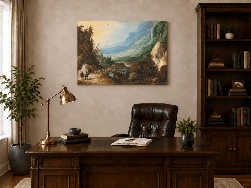 Pintura al óleo de paisaje - Puente en el valle montañoso y cascada