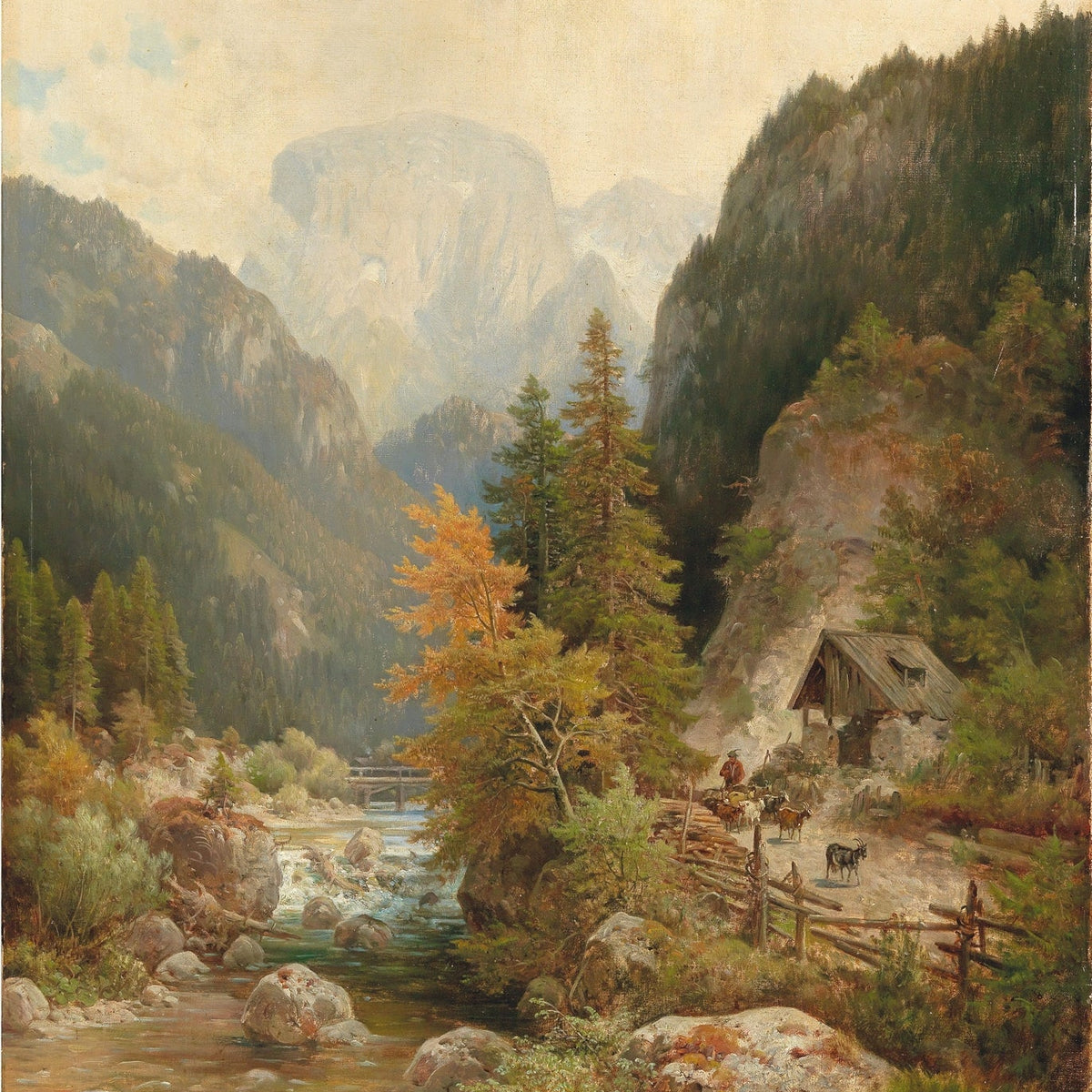 Hand-painted mountain valley cabin and stream landscape oil painting on canvas