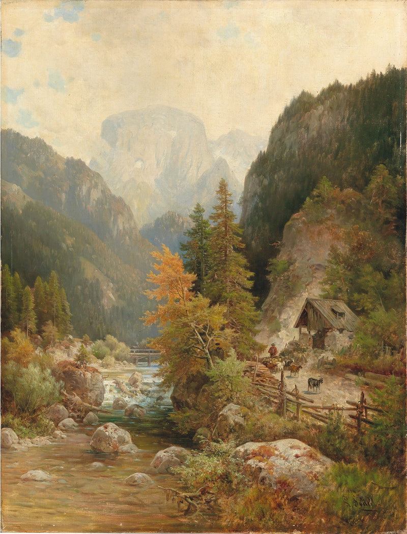 Hand-painted mountain valley cabin and stream landscape oil painting on canvas