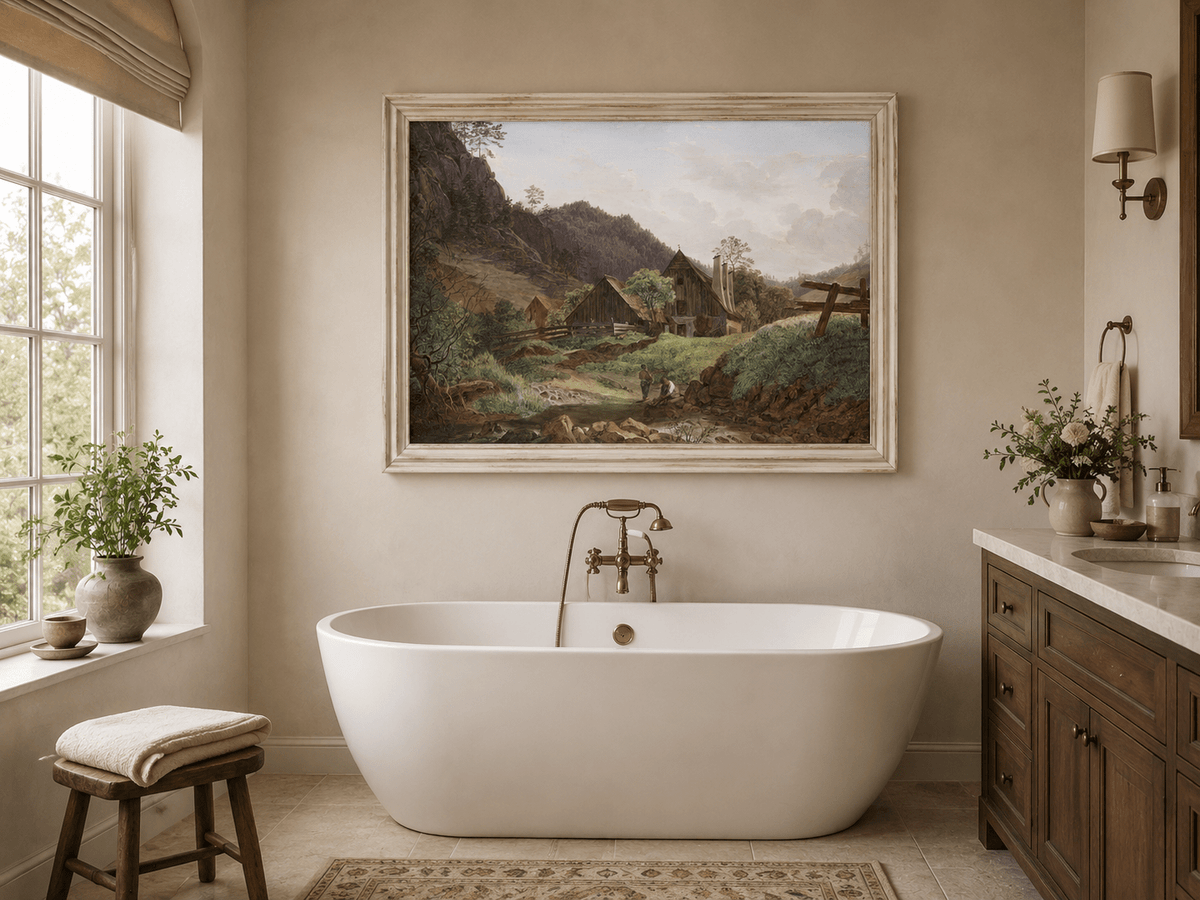 Landscape Oil Painting - Mountain Valley Cabin & Stream