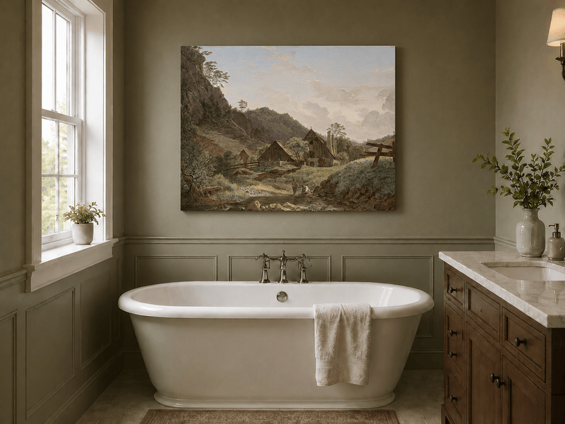 Landscape Oil Painting - Mountain Valley Cabin & Stream