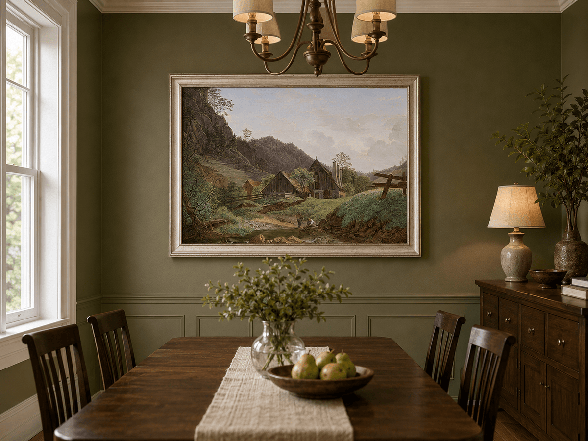 Landscape Oil Painting - Mountain Valley Cabin & Stream