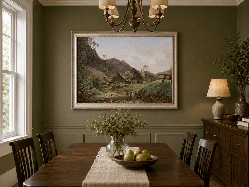 Landscape Oil Painting - Mountain Valley Cabin & Stream