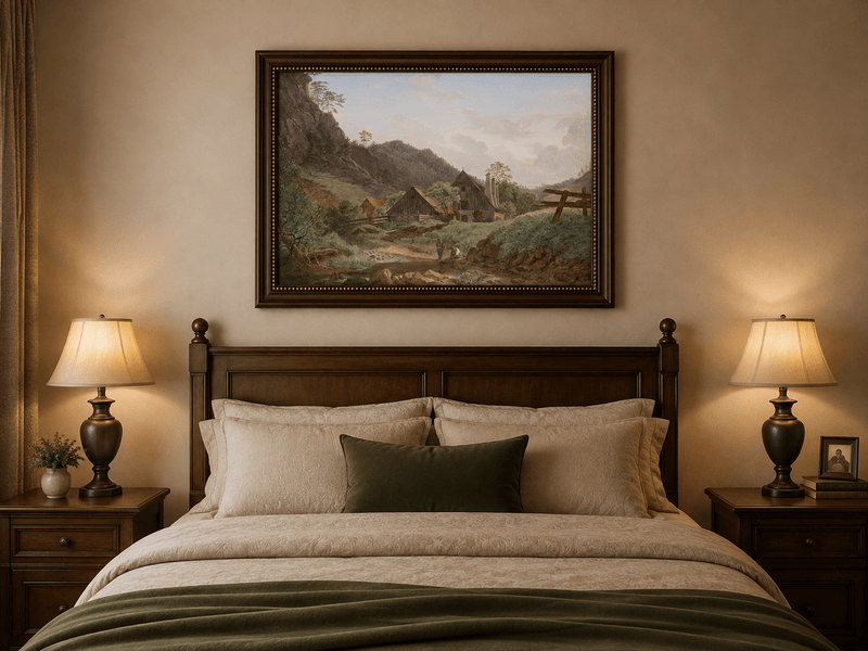 Landscape Oil Painting - Mountain Valley Cabin & Stream