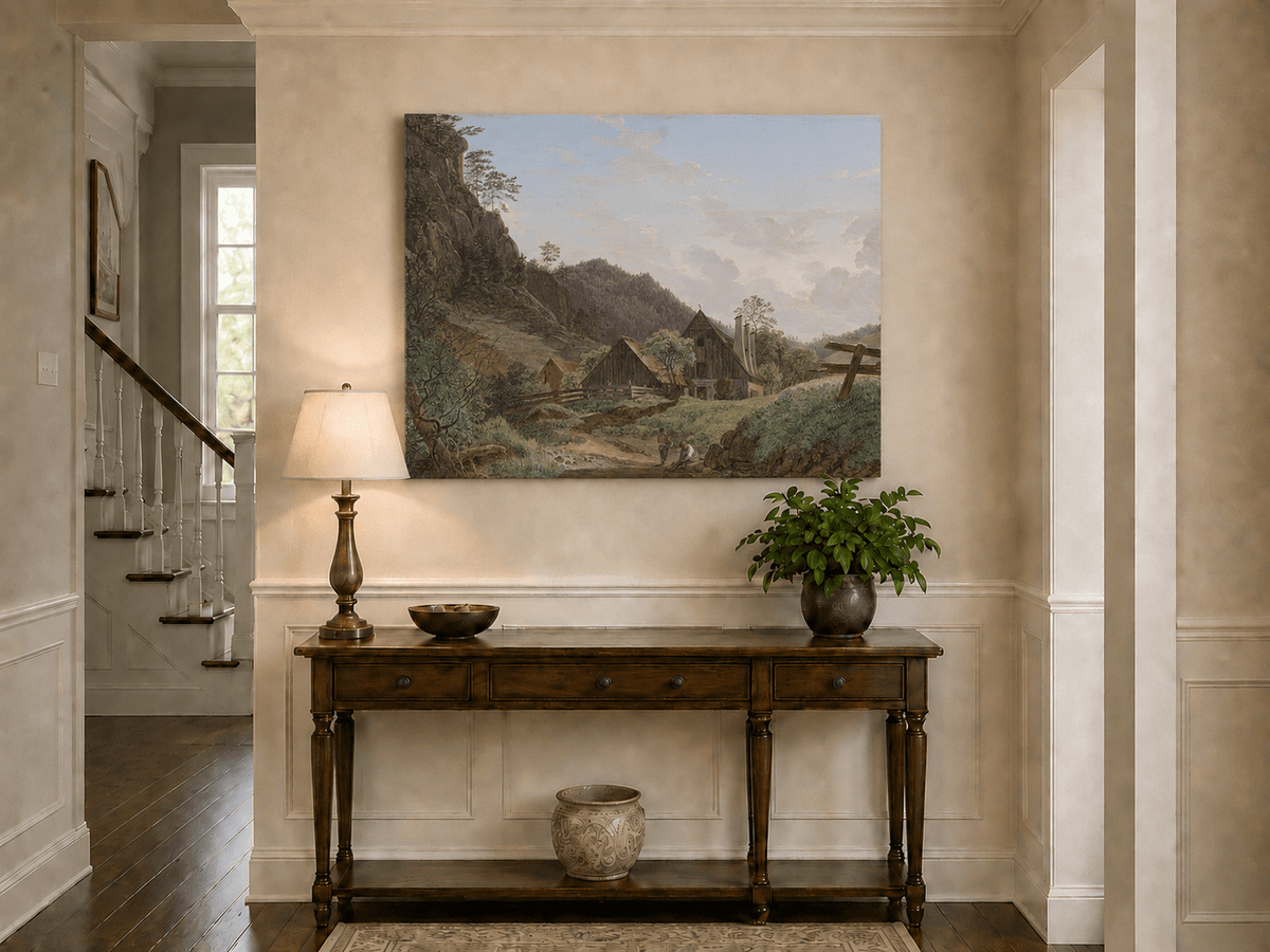 Landscape Oil Painting - Mountain Valley Cabin & Stream