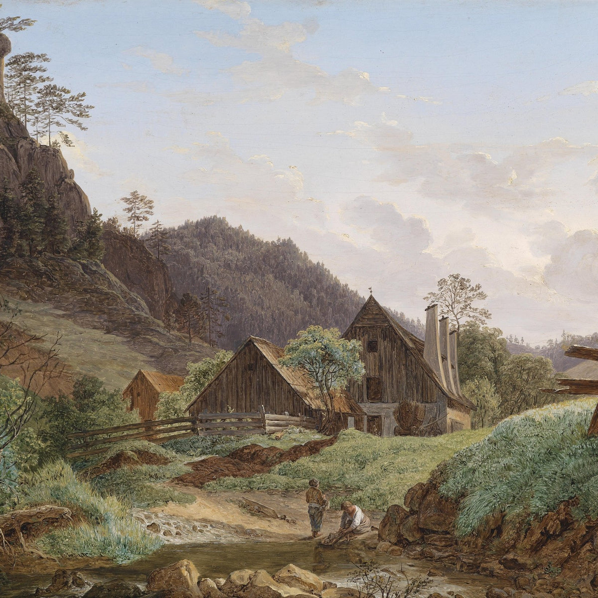 Landscape Oil Painting - Mountain Valley Cabin & Stream, Wooded Peaks - Oil Painting Haven