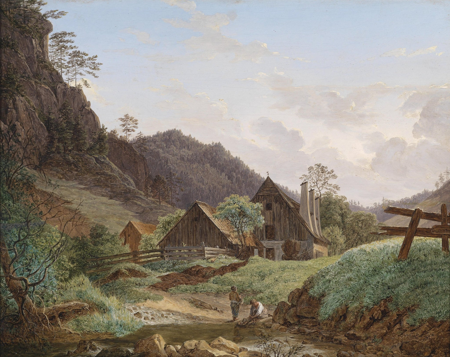 Landscape Oil Painting - Mountain Valley Cabin & Stream, Wooded Peaks - Oil Painting Haven