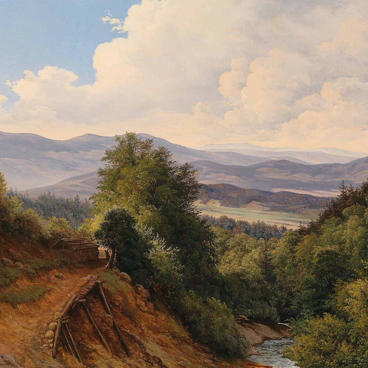 Hand-painted mountain valley forest river view landscape oil painting on canvas