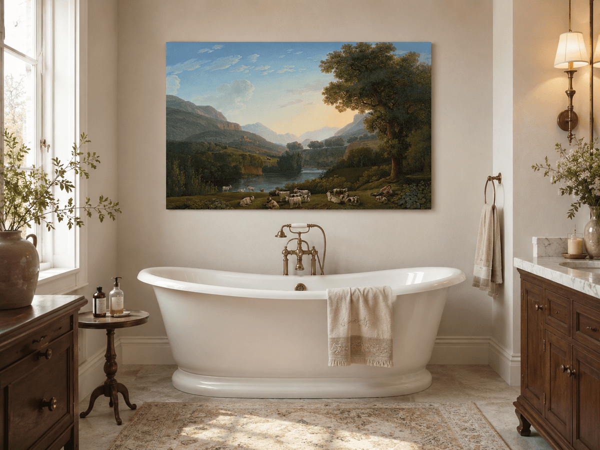 Landscape Oil Painting - Mountain Valley Goats & Resting Shepherd