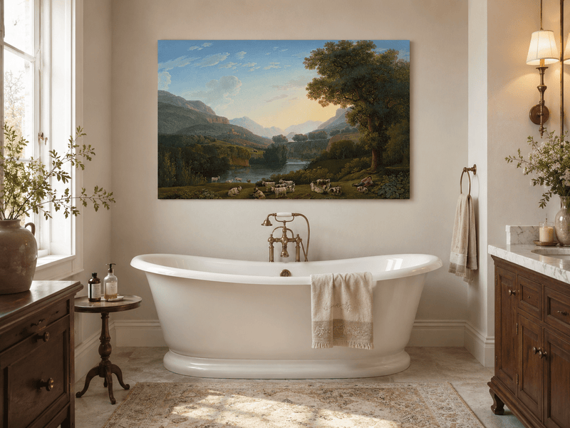 Landscape Oil Painting - Mountain Valley Goats & Resting Shepherd