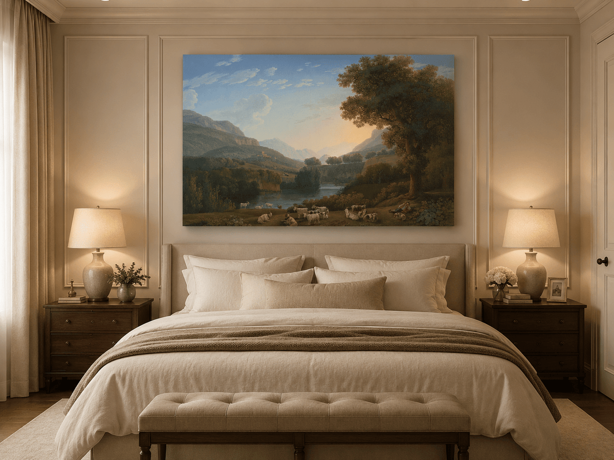 Landscape Oil Painting - Mountain Valley Goats & Resting Shepherd
