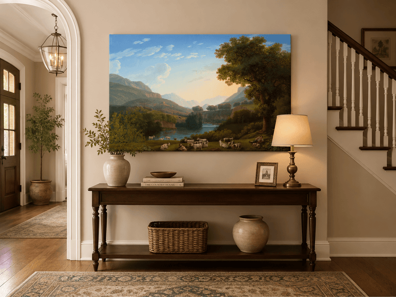 Landscape Oil Painting - Mountain Valley Goats & Resting Shepherd