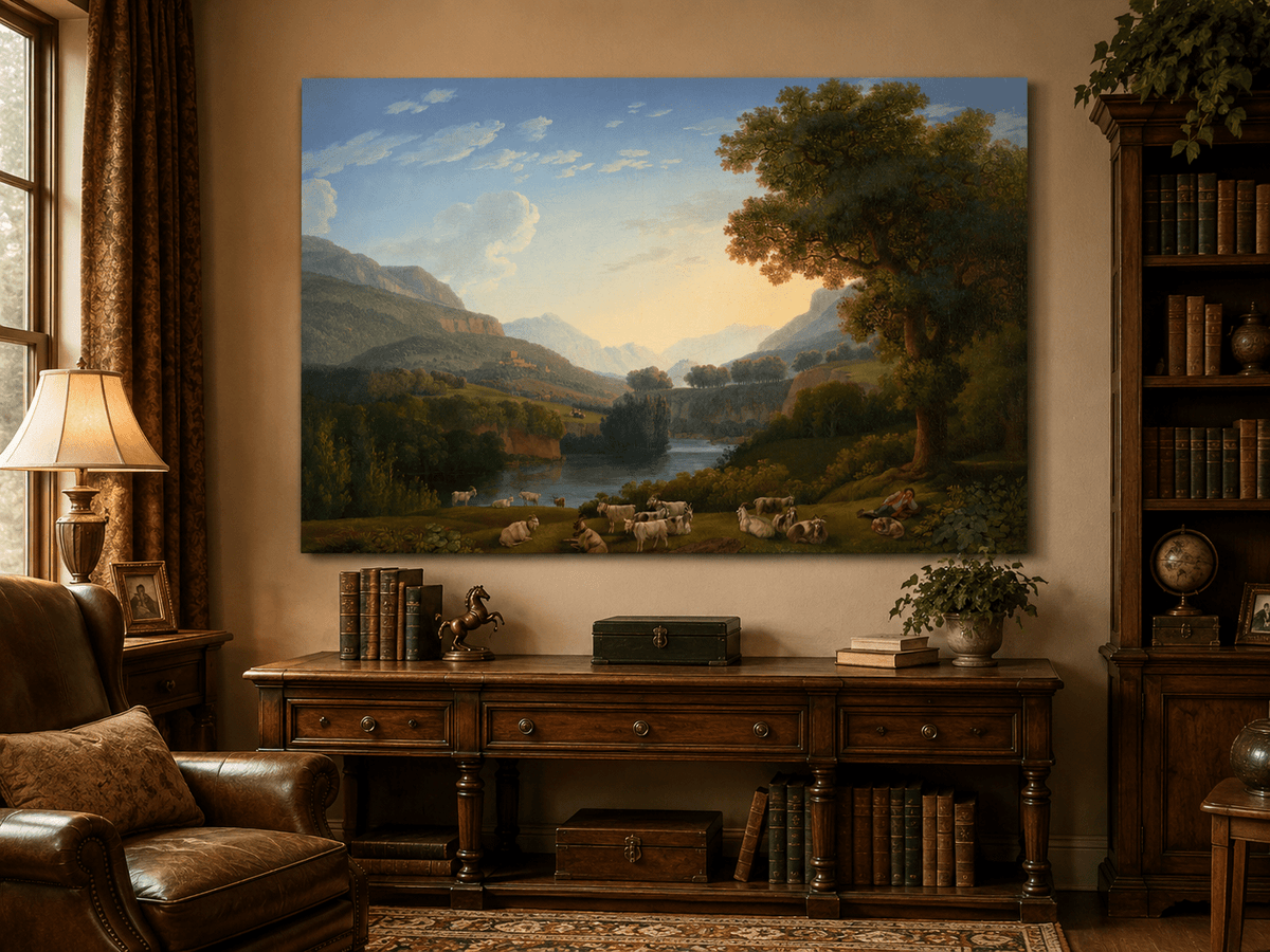 Landscape Oil Painting - Mountain Valley Goats & Resting Shepherd