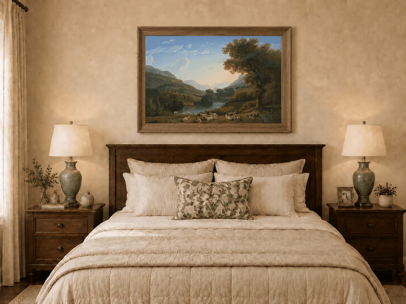 Landscape Oil Painting - Mountain Valley Goats & Resting Shepherd