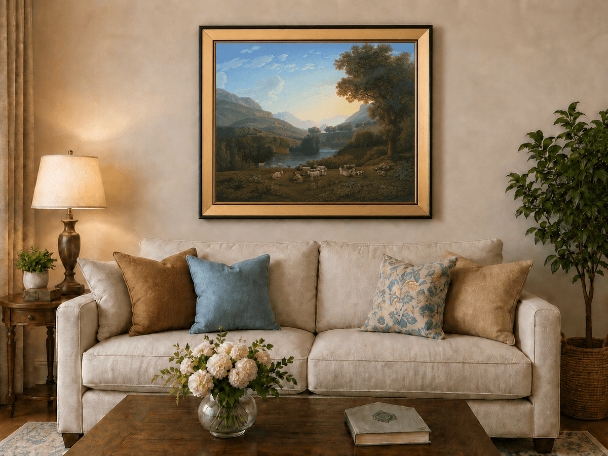 Landscape Oil Painting - Mountain Valley Goats & Resting Shepherd