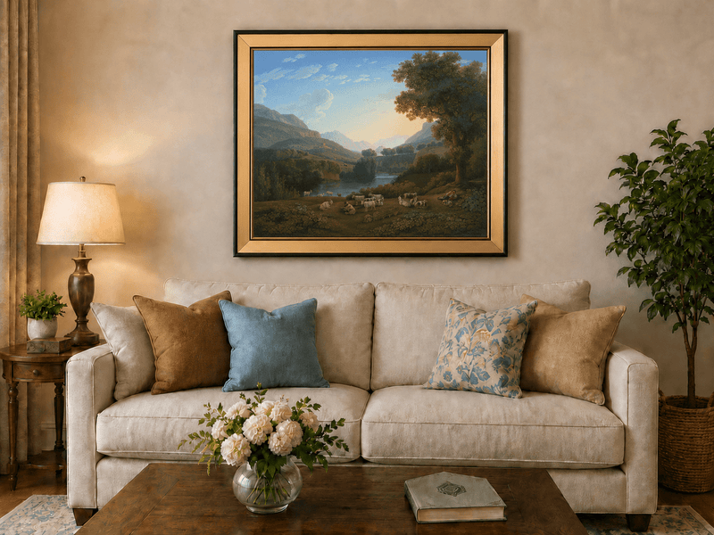 Landscape Oil Painting - Mountain Valley Goats & Resting Shepherd