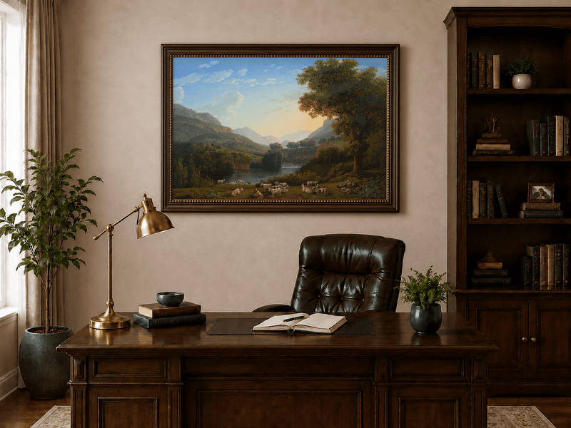 Landscape Oil Painting - Mountain Valley Goats & Resting Shepherd