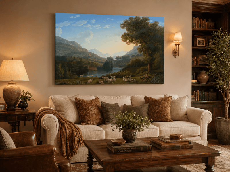 Landscape Oil Painting - Mountain Valley Goats & Resting Shepherd