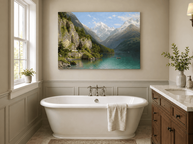 Peinture à l'huile de paysage - Lac de vallée de montagne : sentier de grotte, bateau