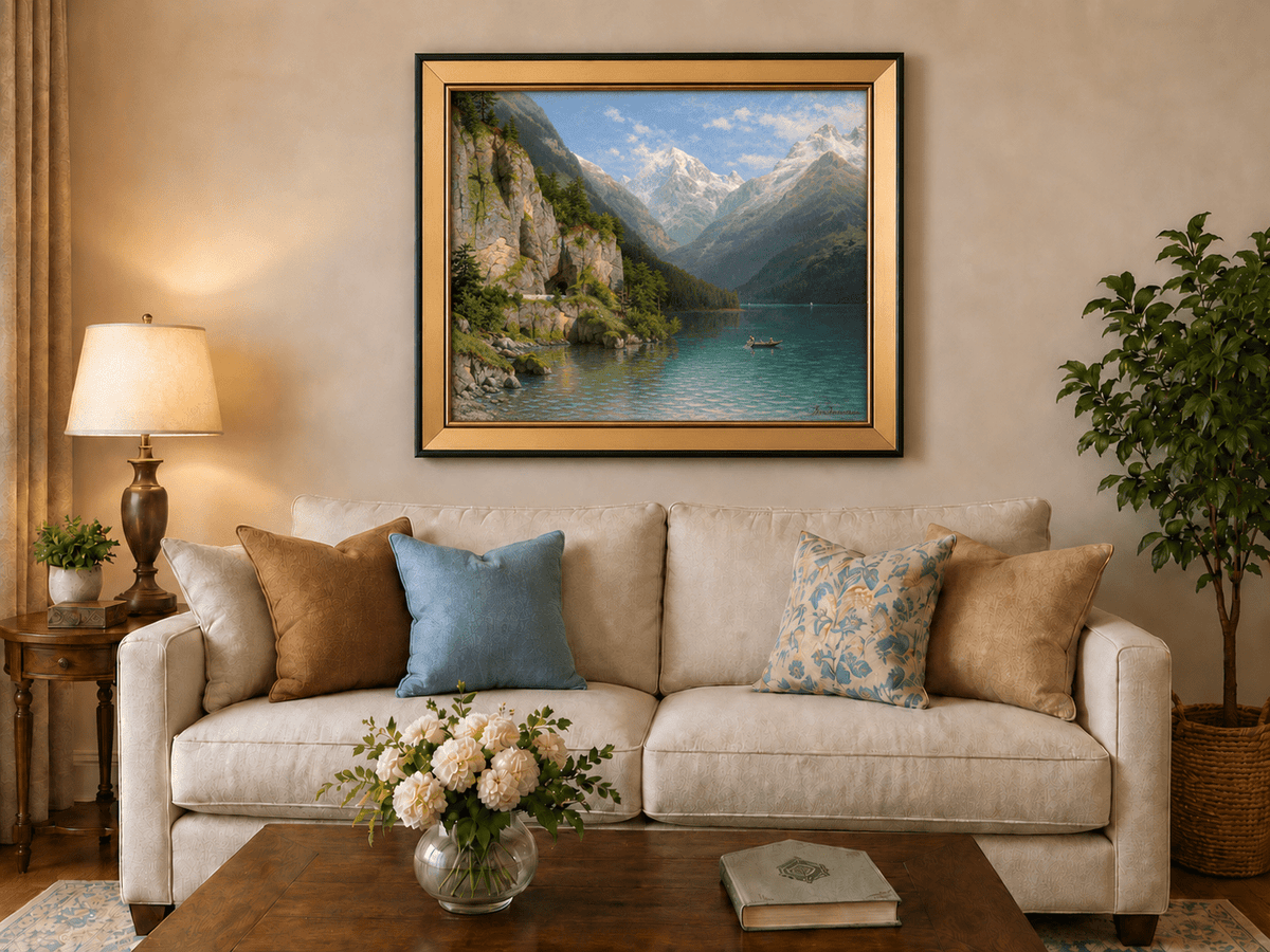 Peinture à l'huile de paysage - Lac de vallée de montagne : sentier de grotte, bateau