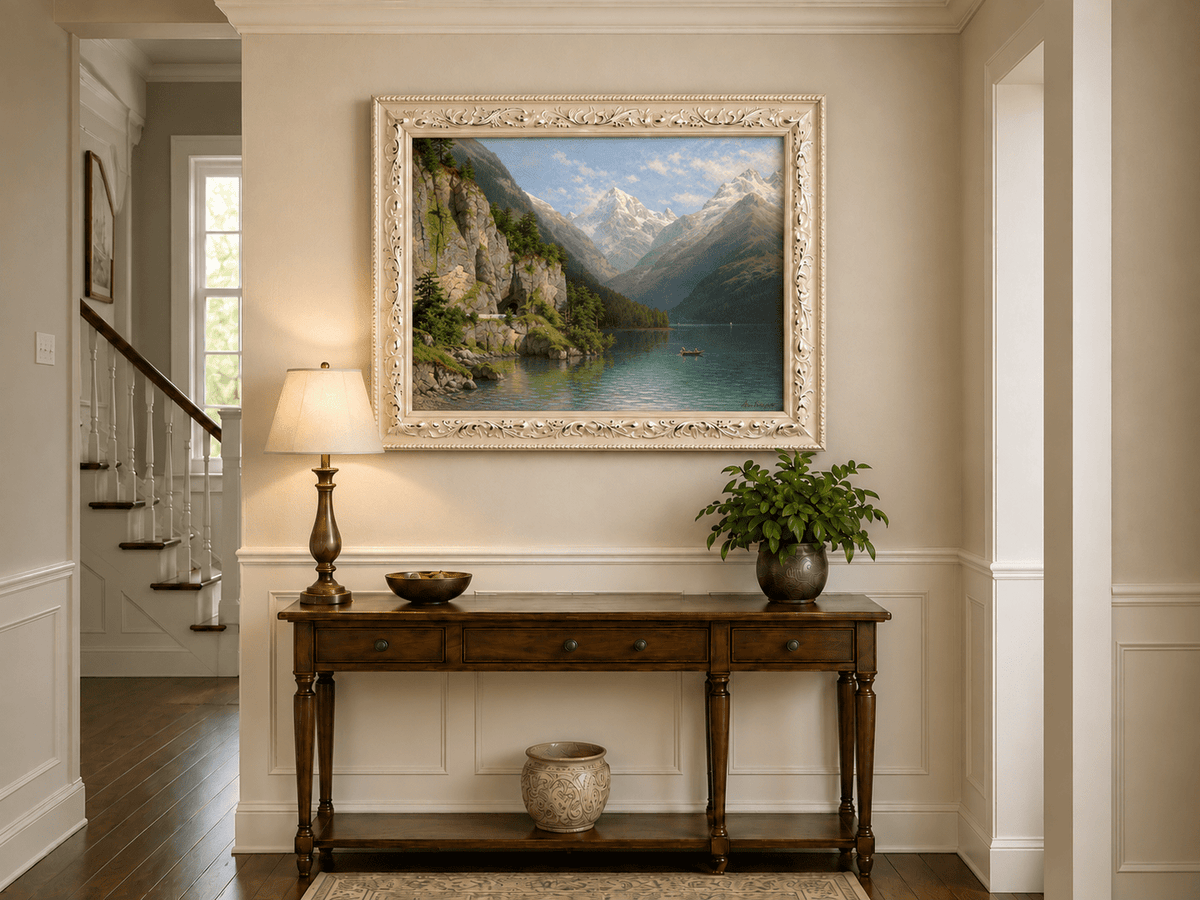 Peinture à l'huile de paysage - Lac de vallée de montagne : sentier de grotte, bateau